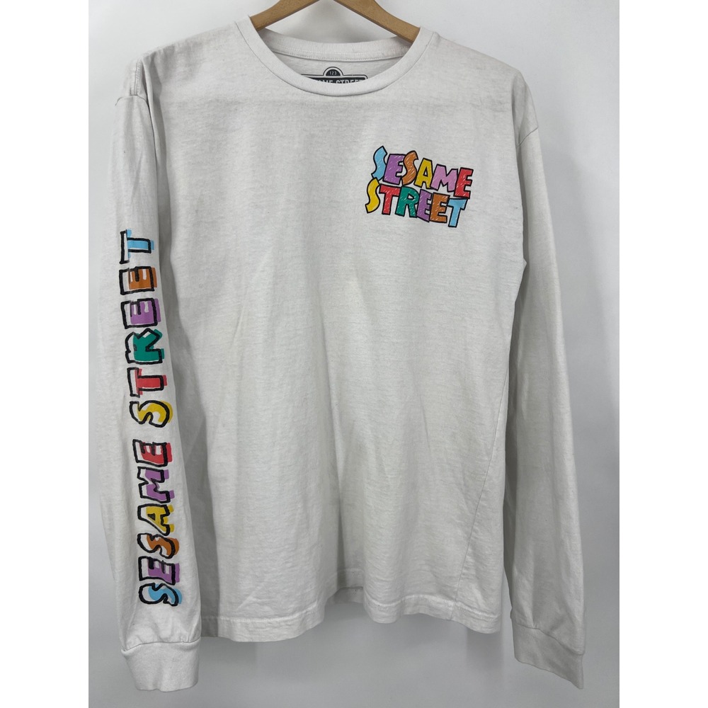 Sesame Street‎ Mens L White Long Sleeve Graphic T-Shirt Characters Mad Engine